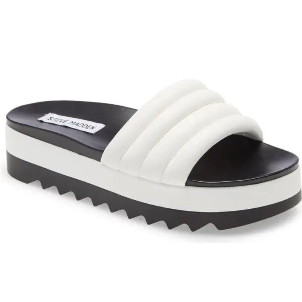 STEVE MADDEN platform sandals Lazaro Flat Sandal Slides white black pool slides